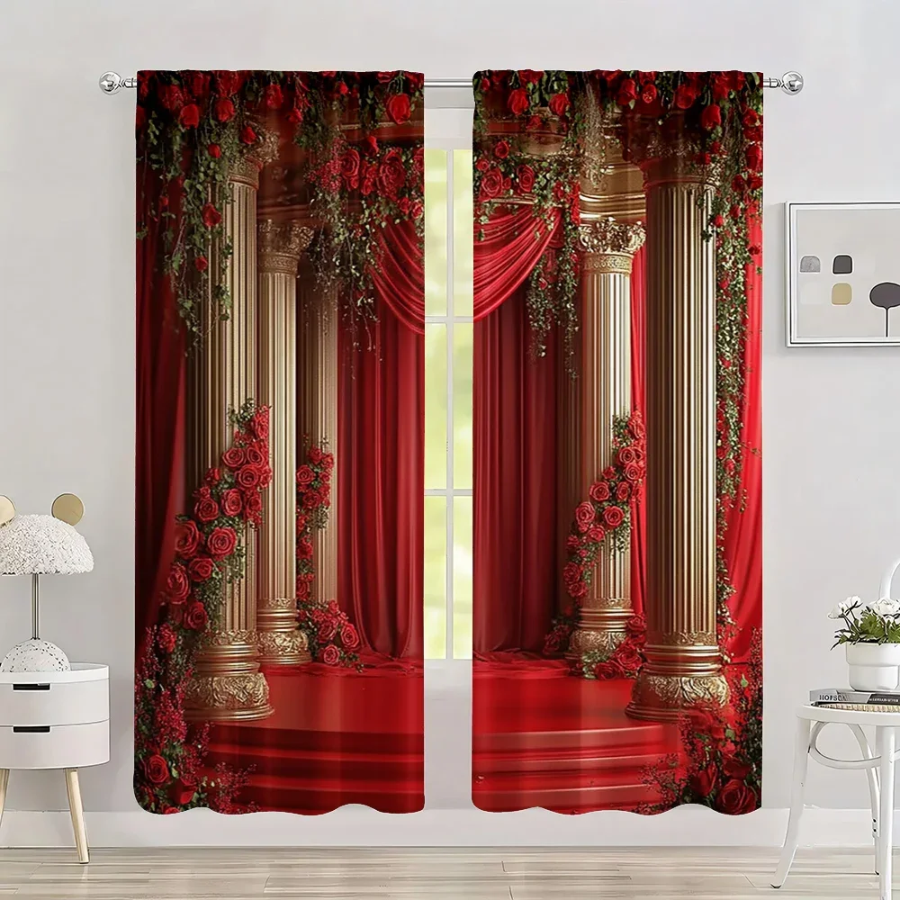 2pc,  Colorful Curtain Red Flower Wedding Machine Washable Polyester,Without Electricity Family Party Decoration for Festive
