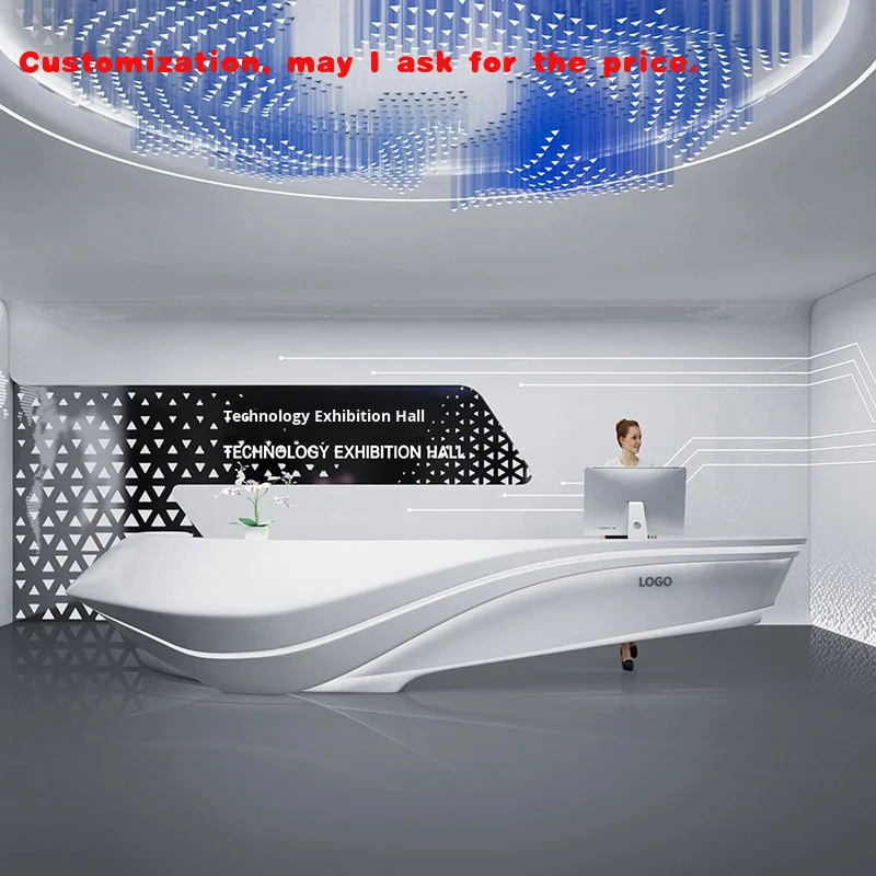 

custom.Large Irregular Shape Reception Desk Company Lobby Custom Modern Office Service Bar Painted Front Desk