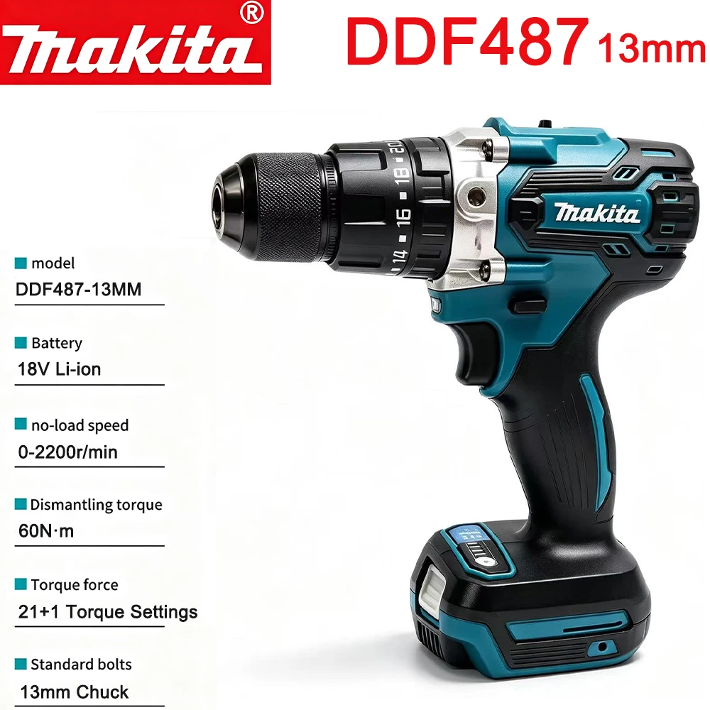 Makita DDF487RTJX Cordless Drill Driver 18V, 13mm Chuck Lithium‑Ion Drilling Tool,  Battery & Charger Included