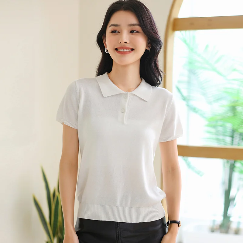 

Новая женская летняя футболка-поло 2026 года из чистого хлопка, трикотажная, однотонная, повседневная, универсальная, с коротким рукавом