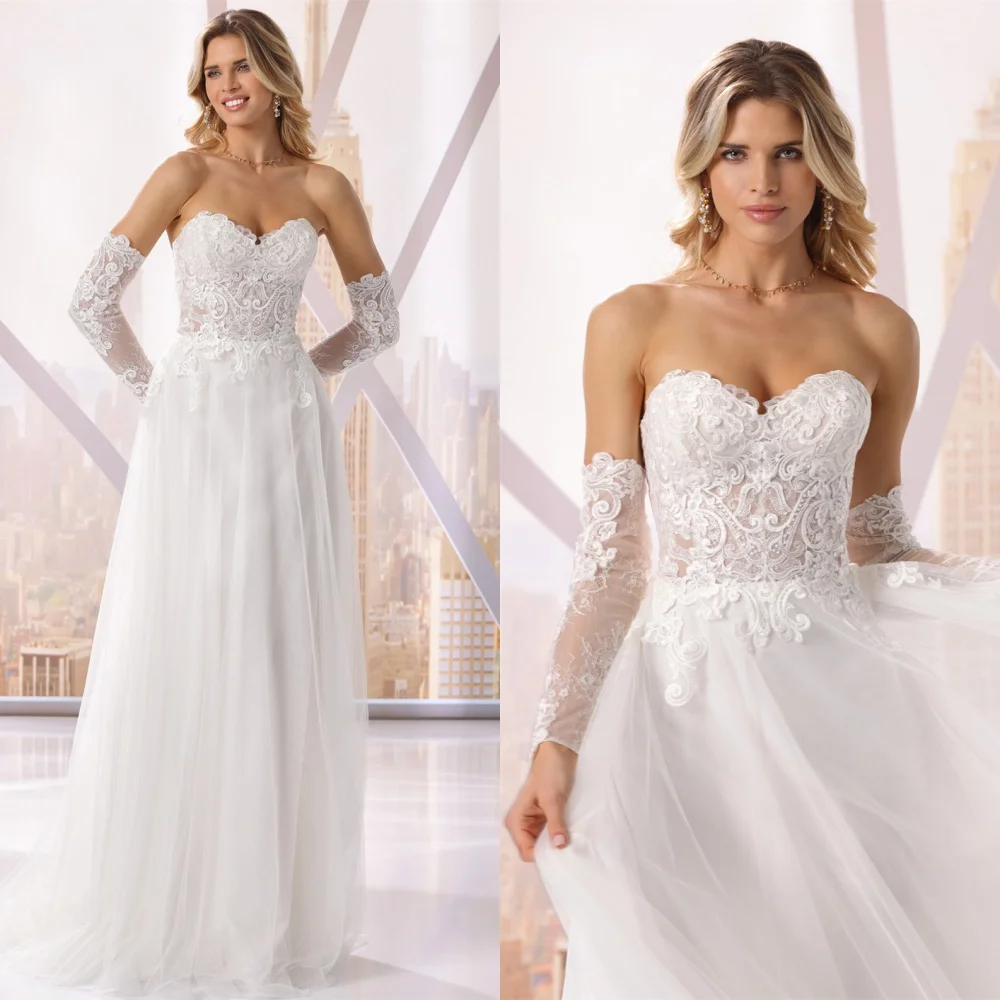 

Customized High Quality White Organza Wedding Dress Temperament Strapless Detachable Sleeve Long Sleeves Backless Bridal Gowns
