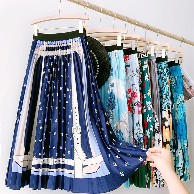 Vintage Print Pleated Skirts Women 2021 Beach Boho Party Skirts Elastic Waist Strechy Floral Long Midi A-Line Skirt Y2k Skirt