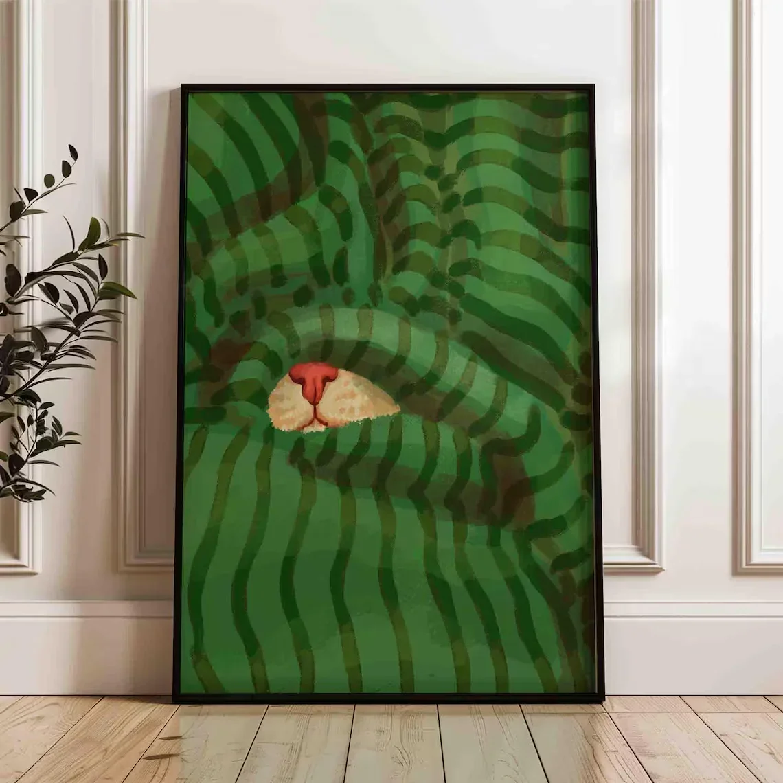 Cat in a blanket poster, modern animal print, green stripes home decor, shipped wall art