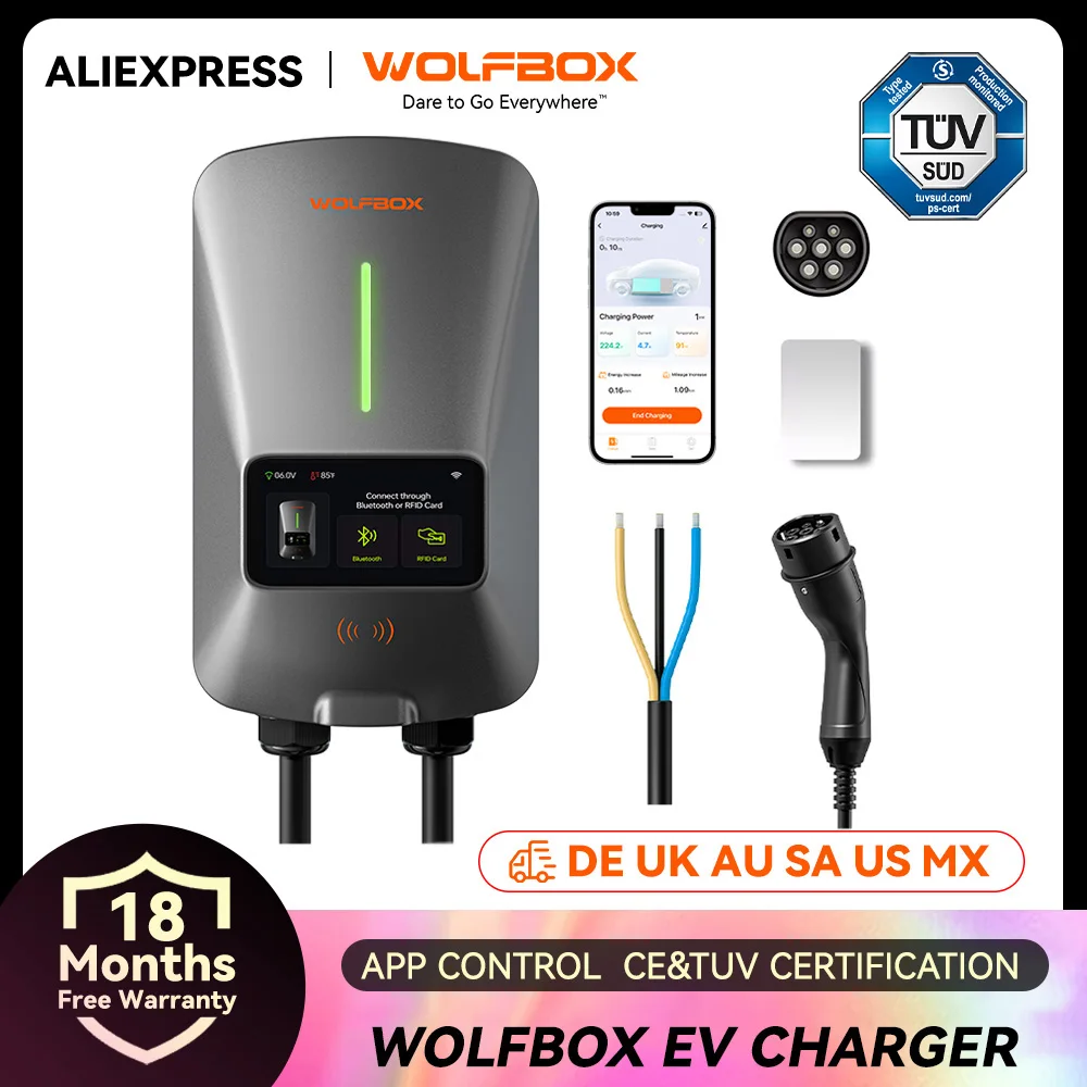 WOLFBOX Stazione di ricarica EV Tipo 2 22KW 32A Caricatore per auto per veicoli elettrici monofase Wallbox con schermo LCD Scheda RFID di controllo APP