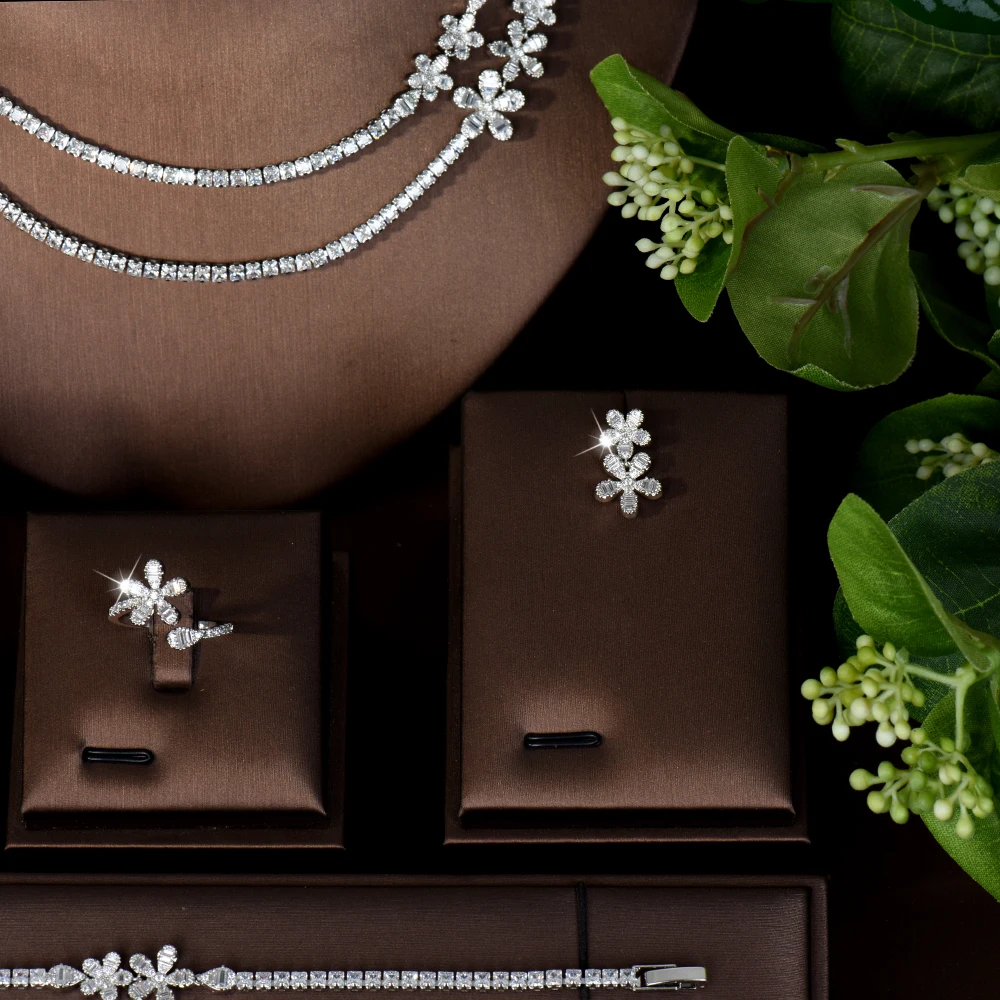 HIBRIDE Unique Deluxe Charming Side Flower Necklace Earrings Ring Ladies Zirconia Jewellery Set Party Banquet Wedding S-776