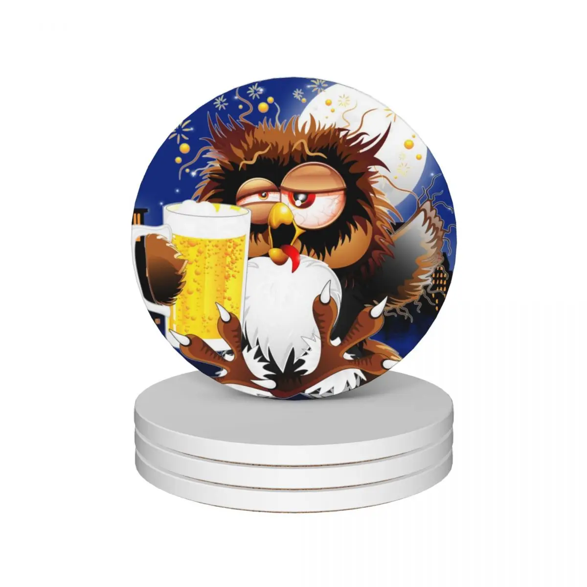 Drunk Owl with Beer Funny Character Ceramic Coasters (Set of 4) set cute coffee Coasters