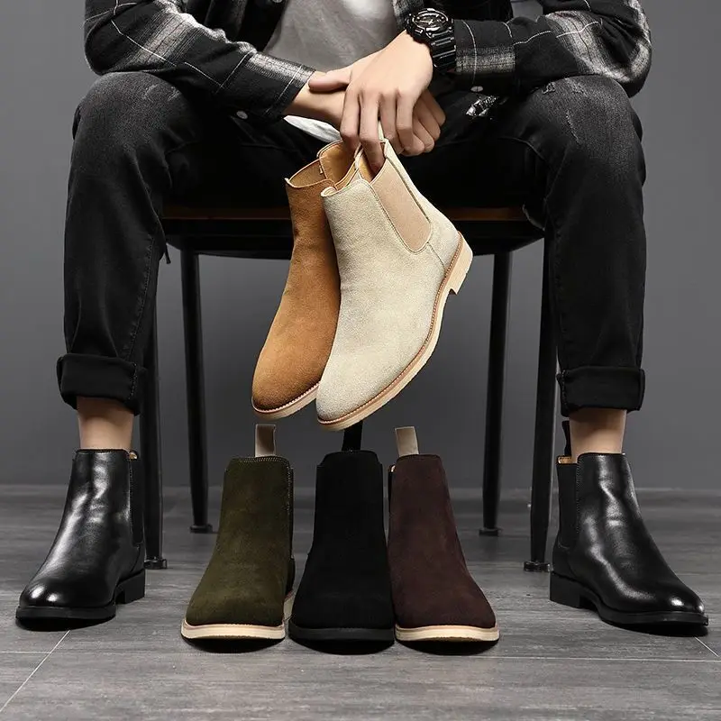 Men's Classic Retro Chelsea Boots Cow Suede Genuine Leather Mens British Style Ankle Boot Men Short Boots High-top Casual Shoes