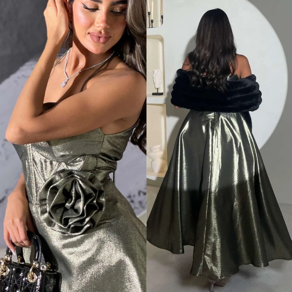 Prom Dress Saudi Arabia Simple Modern Style Formal Evening Halter A-line Flowers Ankle-Length Satin Bespoke Occasion Dresses