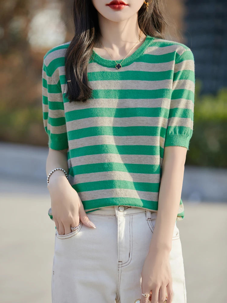  Feel Summer round Ne Striped ort Sve Women's Knitwear Loose Top Inner Wear Casual Sle Spring 2025