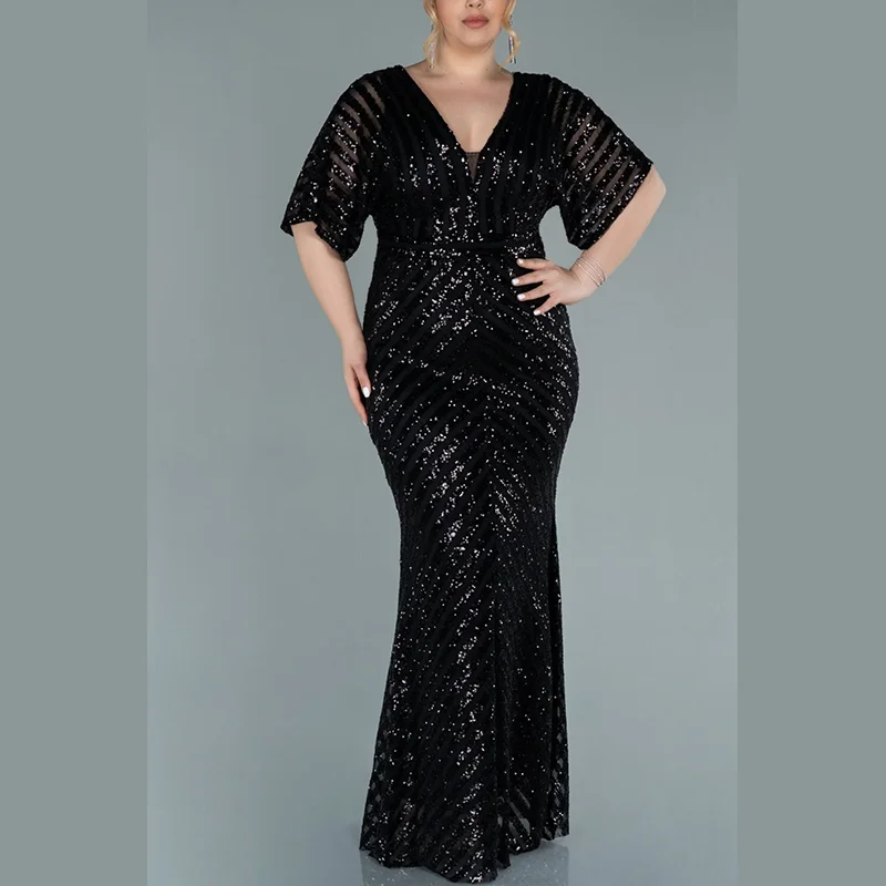 Plus Size scollo a V strisce orizzontali paillettes verdi abito di lusso 4 xl5xl abito a coda di pesce elegante di lusso Plus Size donna