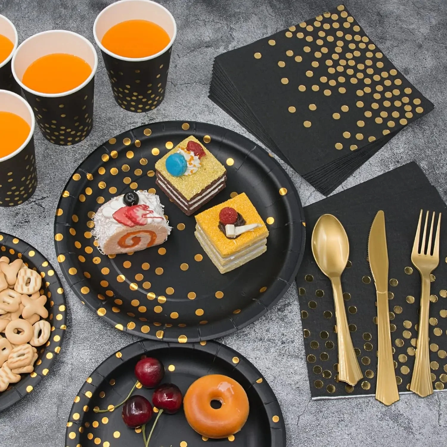 Black and Gold Party Supplies Disposable Party Tableware Gold Dot Paper Plate Black Napkin Cup for Graduation Birthday Wedding