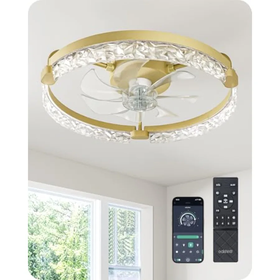 

Ceiling Fans with Lights for Bedroom, Gold Metal, 20'' Low Profile Flush Mount Fandelier, 3000-6000K Dimmable LED, 6 Speeds, Ap