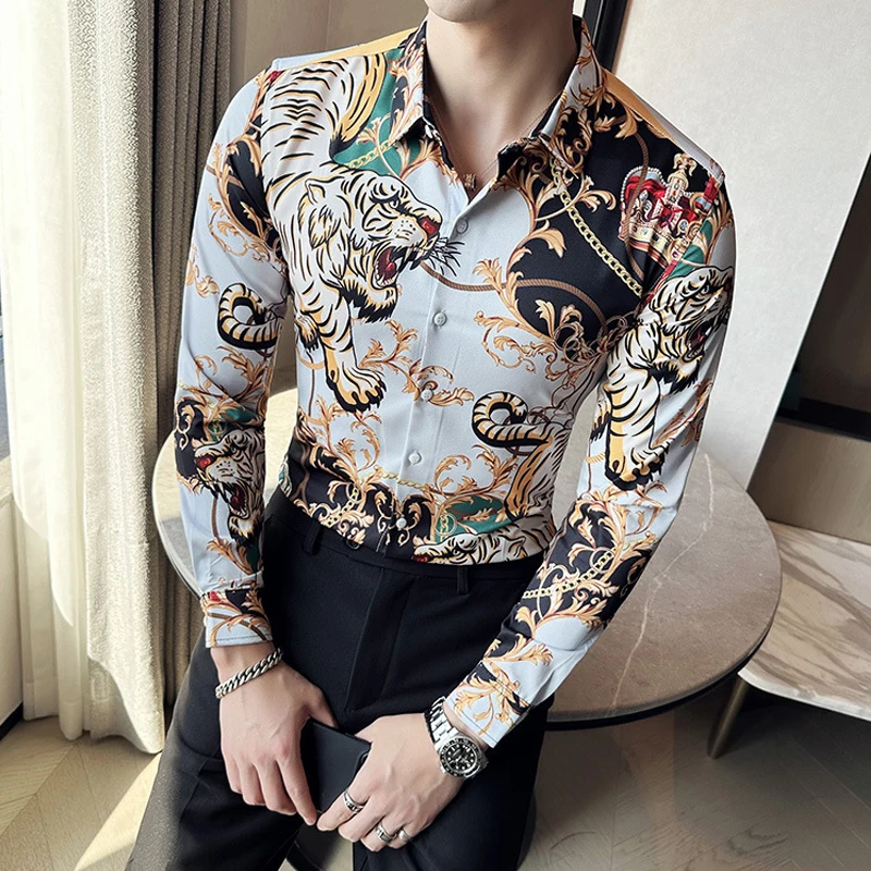 M-6XL Luxury Boutique Fashion Peacock Print Mens Slim Casual Long-sleeved Shirt Personality Design Male Social Leisure Shirts