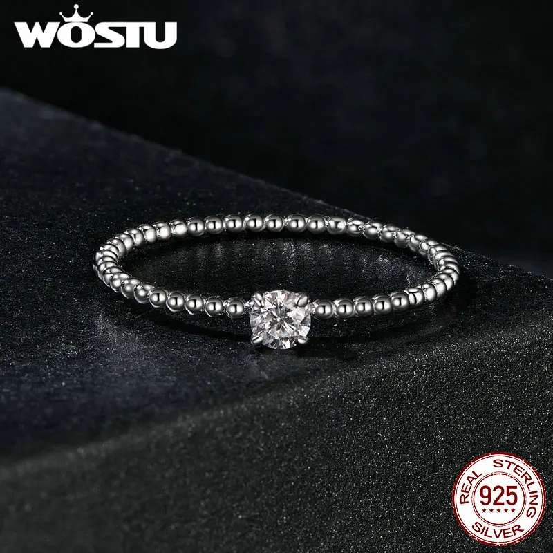 WOSTU Eenvoudige Ronde Moissanite Kralen Ring Vrouwen 925 Sterling Zilver Diamond Cut Stapelbare Ringen Meisje Party Engagement Band Gift