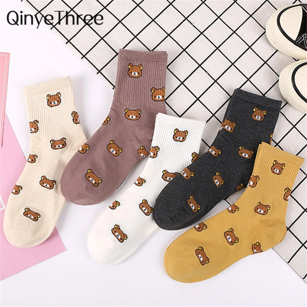 

Spring Winter Women's Cotton Tube Sokken Fashionable Bear Socks Cute Cartoon Five Colors Female Harajuku Christmas Gift Dropship