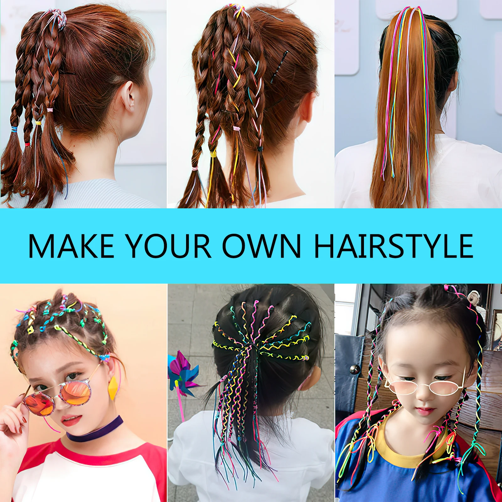 

6pcs Braiding Rope Hair Wrap String for Braids Extensions Nylon Hair Accessories Kids Girls Styling Party Stage Photo