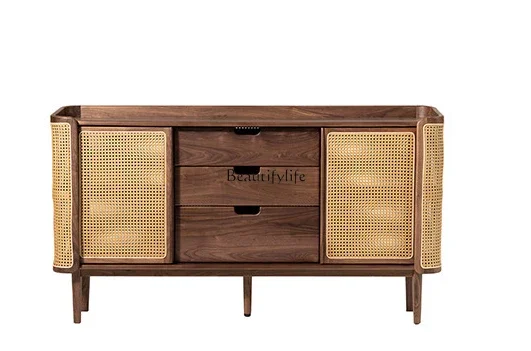 

FGBчерный шкафчик из орехового дерева, раздвижная дверь из ротанга, ресторан у стены, многофункциональный шкафчик для хранения из цельного дерева