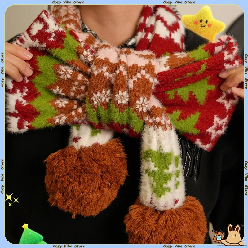 

С Рождеством шарф с помпоном, милый британский стиль, осень-зима, утепленный теплый шарф, мягкий, 2026, новогодние праздничные подарки для женщин и мужчин