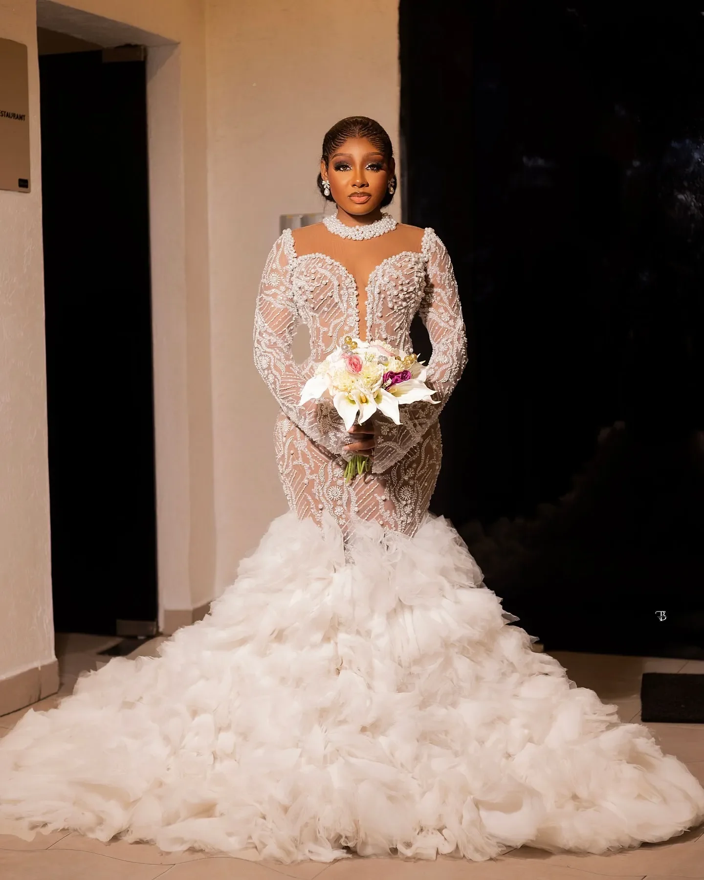 Customized High Collar Illusion Pearls Beads Luxury Wedding Dress Vestido De Noiva Long Sleeve Tiered Tulle Mermaid  Bridal Gown
