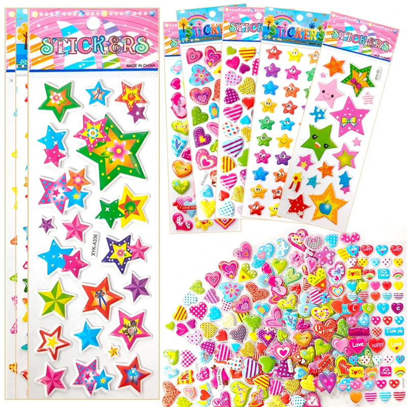 Random Heart Star Style Stickers 6/12 Sheets 3D Puffy Reward Sticker Notebook Decoration Birthday Festival Gift for Girl Boy ZYF