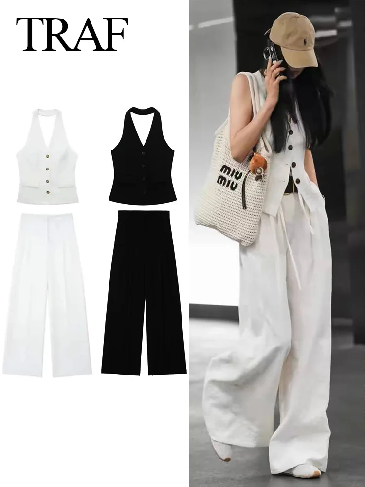 TRAF 2024 Women Pants 2 Pieces Set Casual Loose Office Lady Zipper Long Pants+ Solid Sleeveless V Neck Sexy Vest Tank Tops