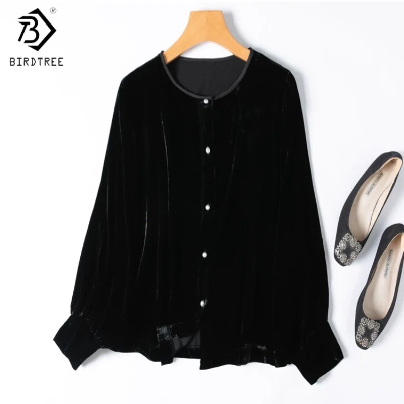 

Birdtree,100% Silk Velvet Blouse,Women Soft O-neck Lantern Sleeve Tops,Single Breasted,2025 Autumn Black Shirt T5D122JF