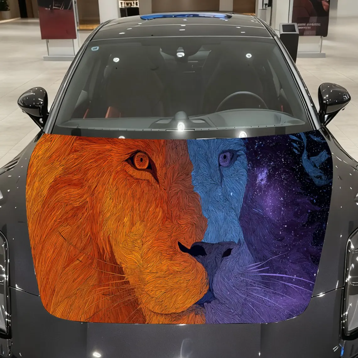 

Red-and-Blue-Faced Lion Car Hood Vinyl Stickers Car Surface Protection Decal Car Decoration Cover Vinyl Wraps Waterproof Self-ad