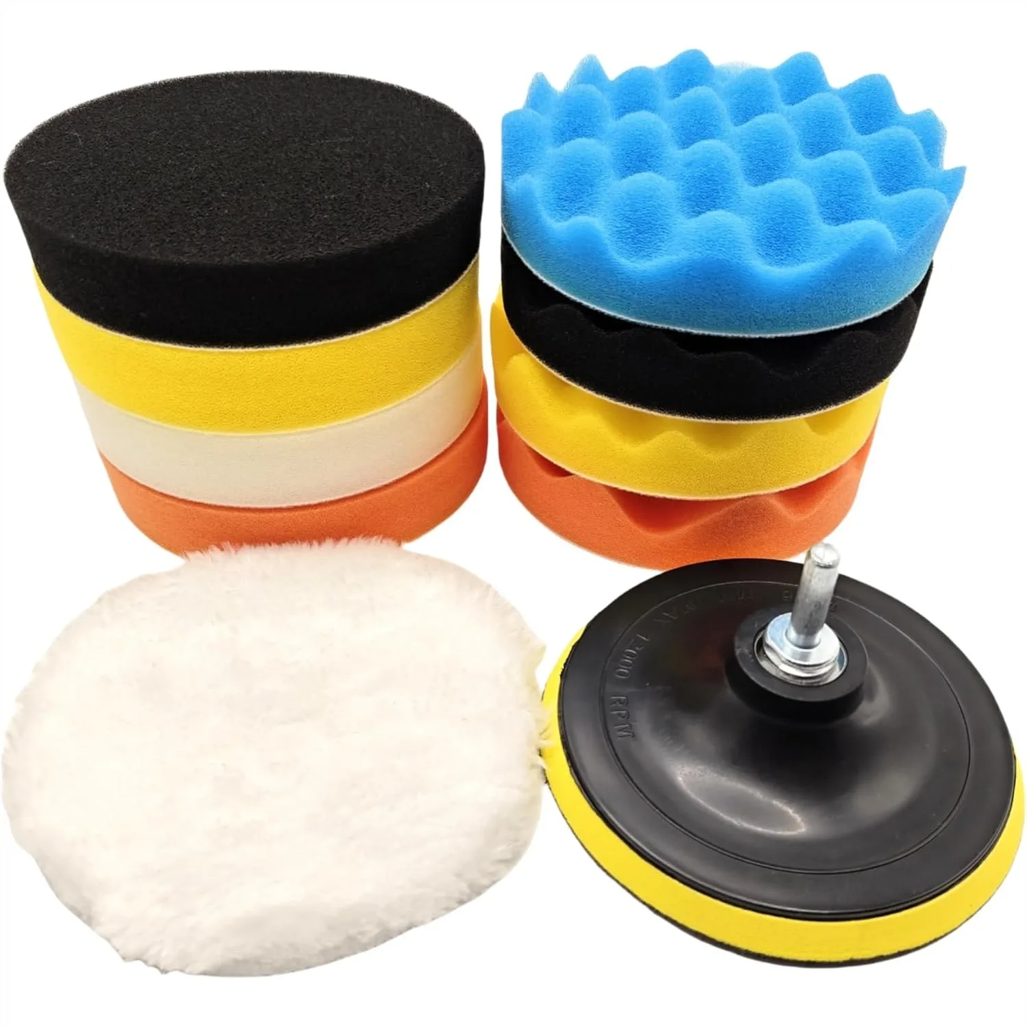 

10-Piece Compound Buffing Sponge Pads Kit with Waffle Foam, Woolen Cutting Pad, Backing Plate, and Drill Adapter for