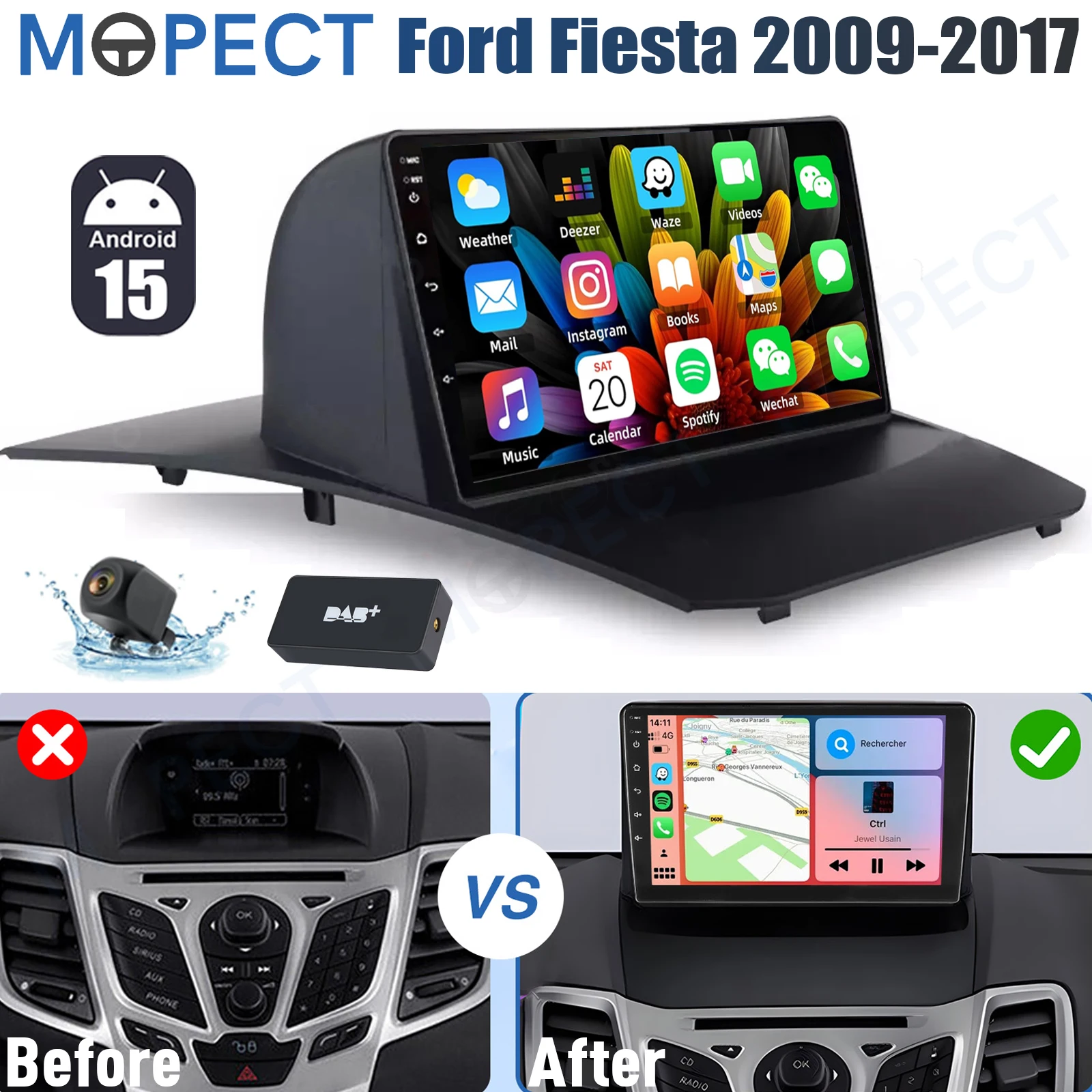 9 inch autoradio GPS Carplay radio 4+64G Android 15 voor Ford Fiesta 2009-2017 Apple CarPlay WiFi head unit AM/AM SWC BT+DAB&DVR&AHD