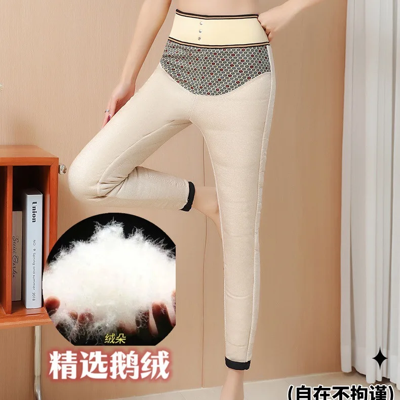 

Goose Down Thermal Pants Women Winter Slim Fit High Waist Warm Wool Silk Sexy Down Leggings Woman panatalones de mujer PT-567
