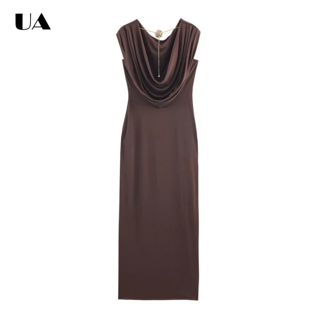 

Elegant Straight Sleeveless Draped Chain Maxi Dress, Trendy Solid Backless Long Dress for Women, Vintage Scoop Neck Party Dress