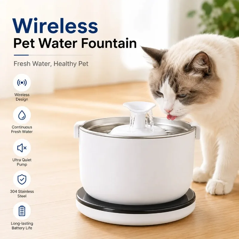 Quiet Pump Wireless Cat Water Fountain 2.5L Pet Water Dispenser Auto Sensor Drinking Fountain Stainless Steel Tray Safe New