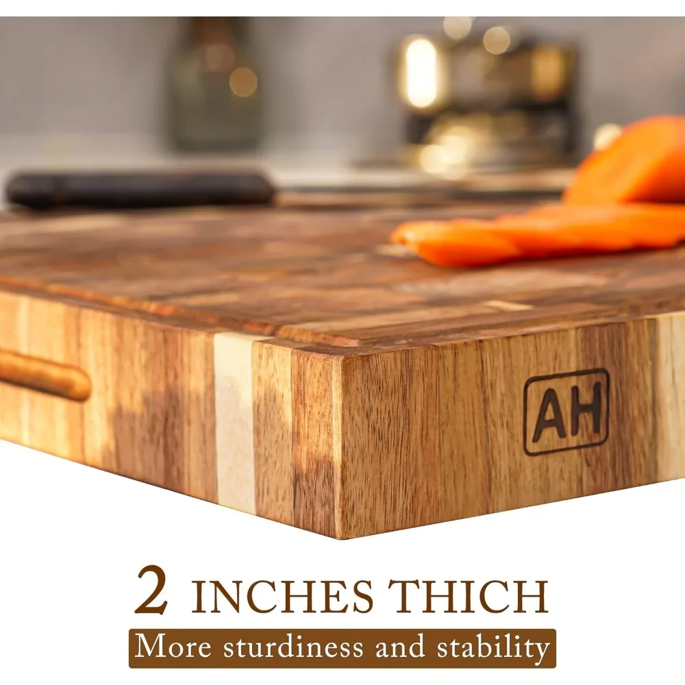 Extra Large Thick Acacia Wood End Grain Cutting Board, Chopping Board For Kitchen with Juice Groove Handles Non-Slip Pats