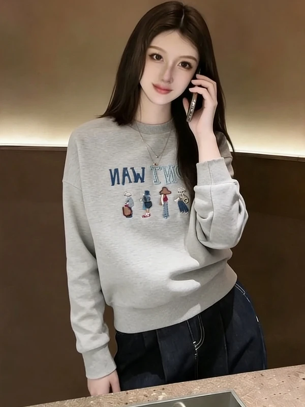

Ladies' round Ne Embroidered Sweatirt Fce Lined Oversize Long Sve Spring Faionable Comfortable plus Size Top