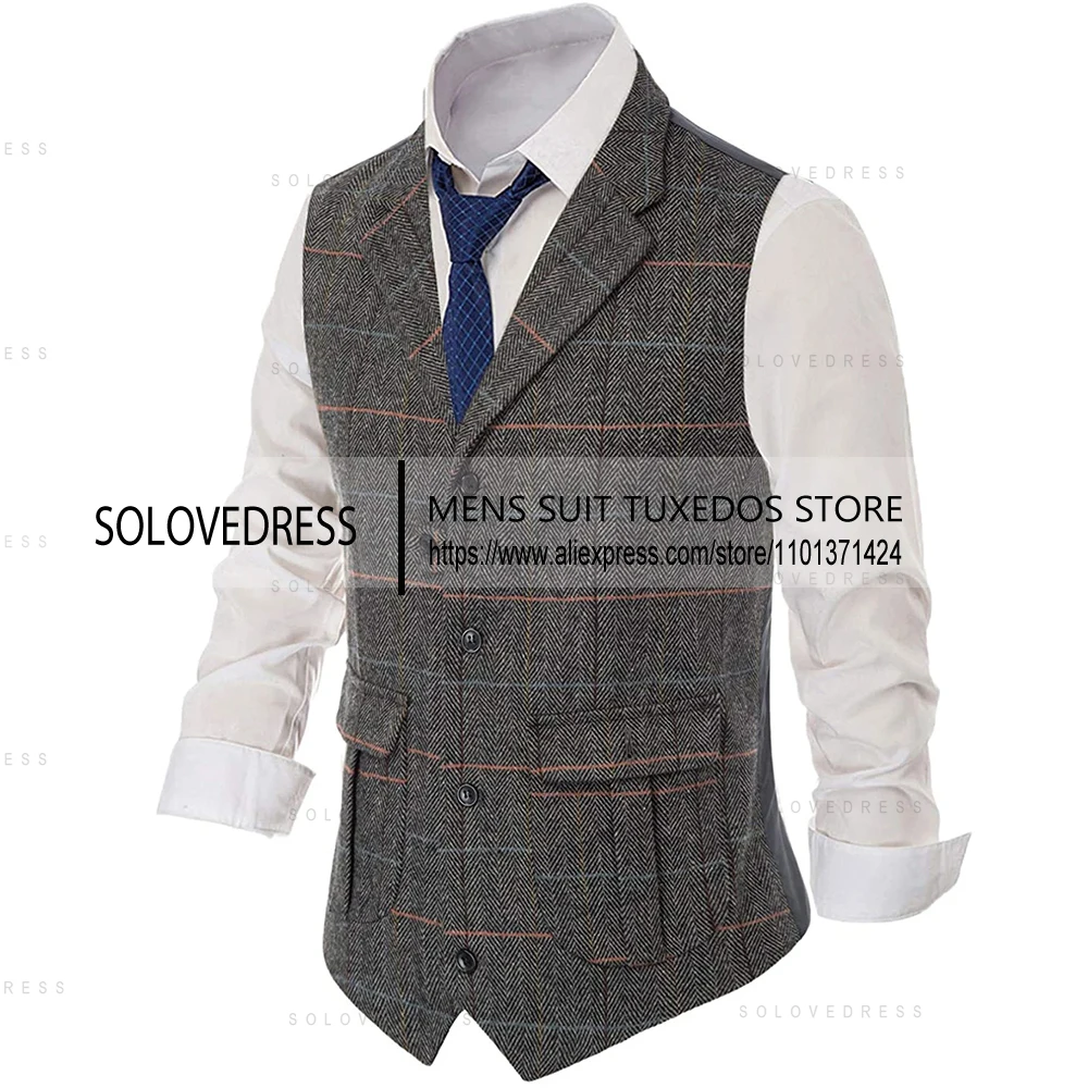 Men's Casual Suit Vest Notch Lapel with Two Pockets Herringbone Waistcoat for Wedding Groomsmen