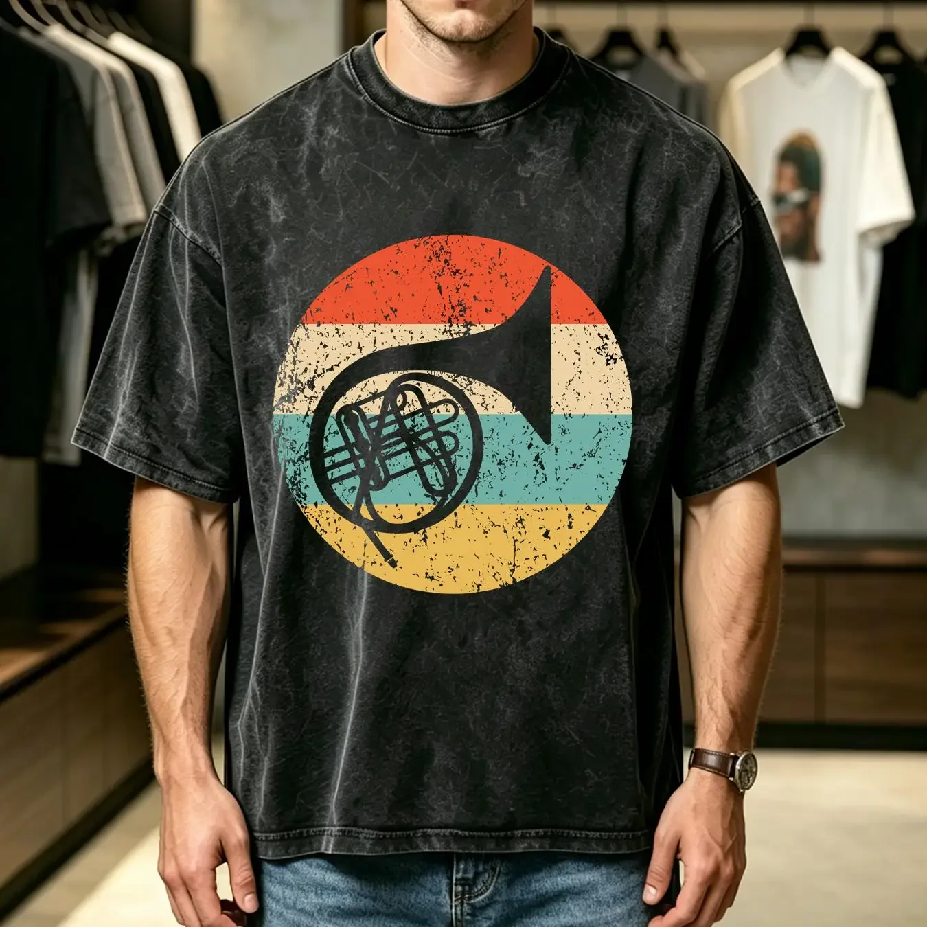washed T Shirt French Horn Musical Instrument Silhouette Retro Band vintage Washed designer clothes Top For Everyday Wear