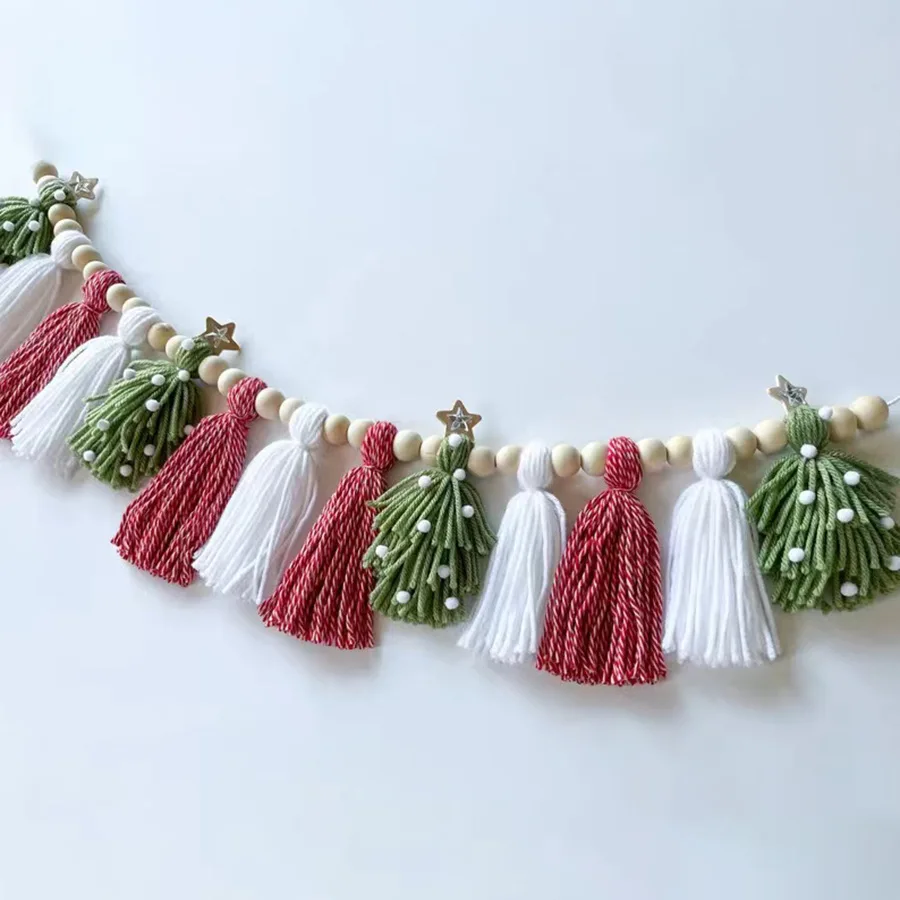 

Boho Yarn Wood Bead Tassel Garland Banner Winter Xmas Party Wall Hanging Ornaments Christmas Decoration for Home Tassel Pendant