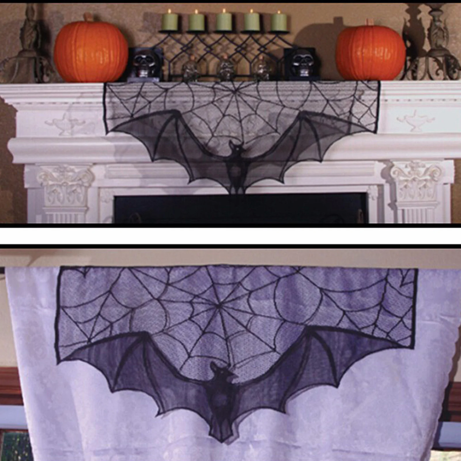 Scary Halloween Decorations, Black Lace Cobwebs, Bats, Mantel, Scarf Covers, Hearthcloths, Spooky Party Supplies, 1 Piece