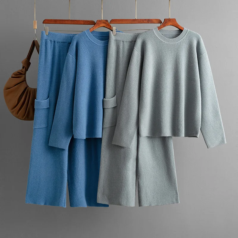 2025 Herfst Winter Nieuwe Mode Dames Losse Effen Kleur Casual Trendy 2-delige sets O-hals Truien Rechte wijde pijpen Broek