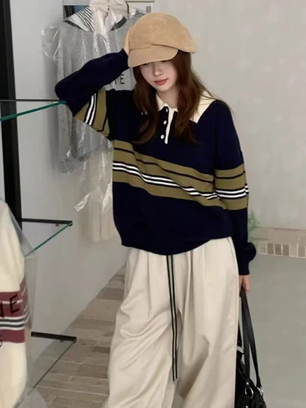 韓国 Sle 襟付きロング Sve ニットセーター レディース ルーズフィット 秋冬新作 Sle 細見えストライプトップ