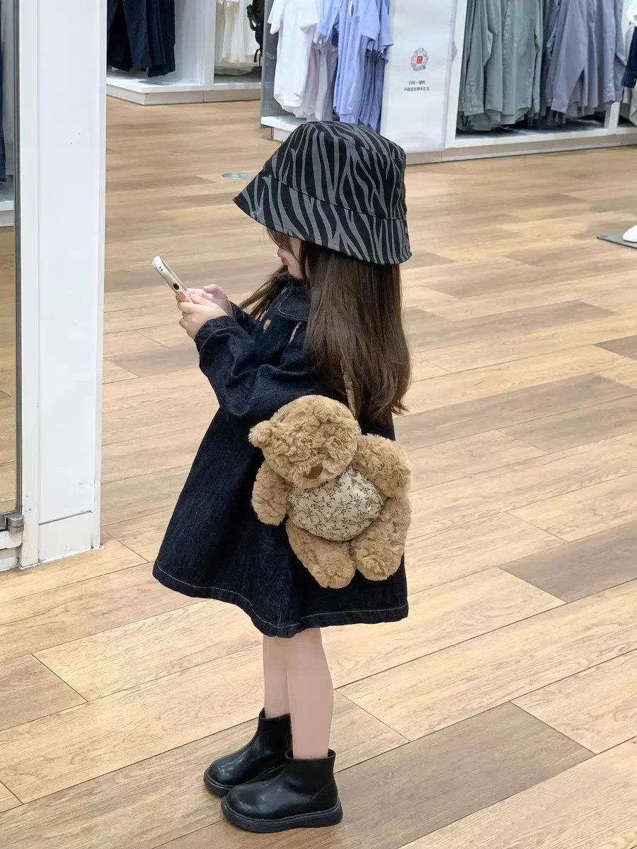 Fashion Autumn Baby Girls Denim Dresses Black Turndown Collar Knee Length Dresses Double Breasted Pullover Shirts 2024