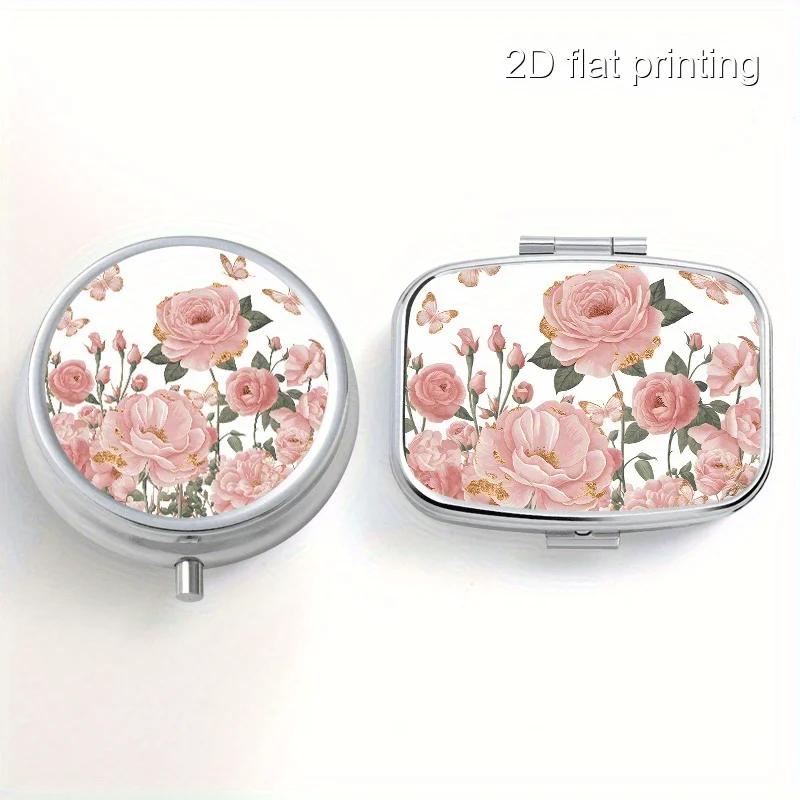 S Butterfly Rose Pattern Printed Metal Box 2-Piece Set, Round and Square Shapes, Round with 3 Compartments, Square with 2 Compartments, Mini Portable Small Box Suitable for Travel, Outdoor Activities or as a Portable Small Box for Wallets and Bags, Decorative Jewelry and Earrings Multi-Functional Metal Box, Small Box for Vitamins, Multi-Compartment Storage Box, Classification and Packing Box, Suitable for Home Travel, Sealed and Moisture-Proof, Unique Small Gift Collection Box