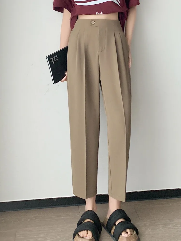 

High Waist White Suit Women's Ankle Harem Pants Button Spring Summer Female Elegant Minimalism Straight Trousers 2023 New