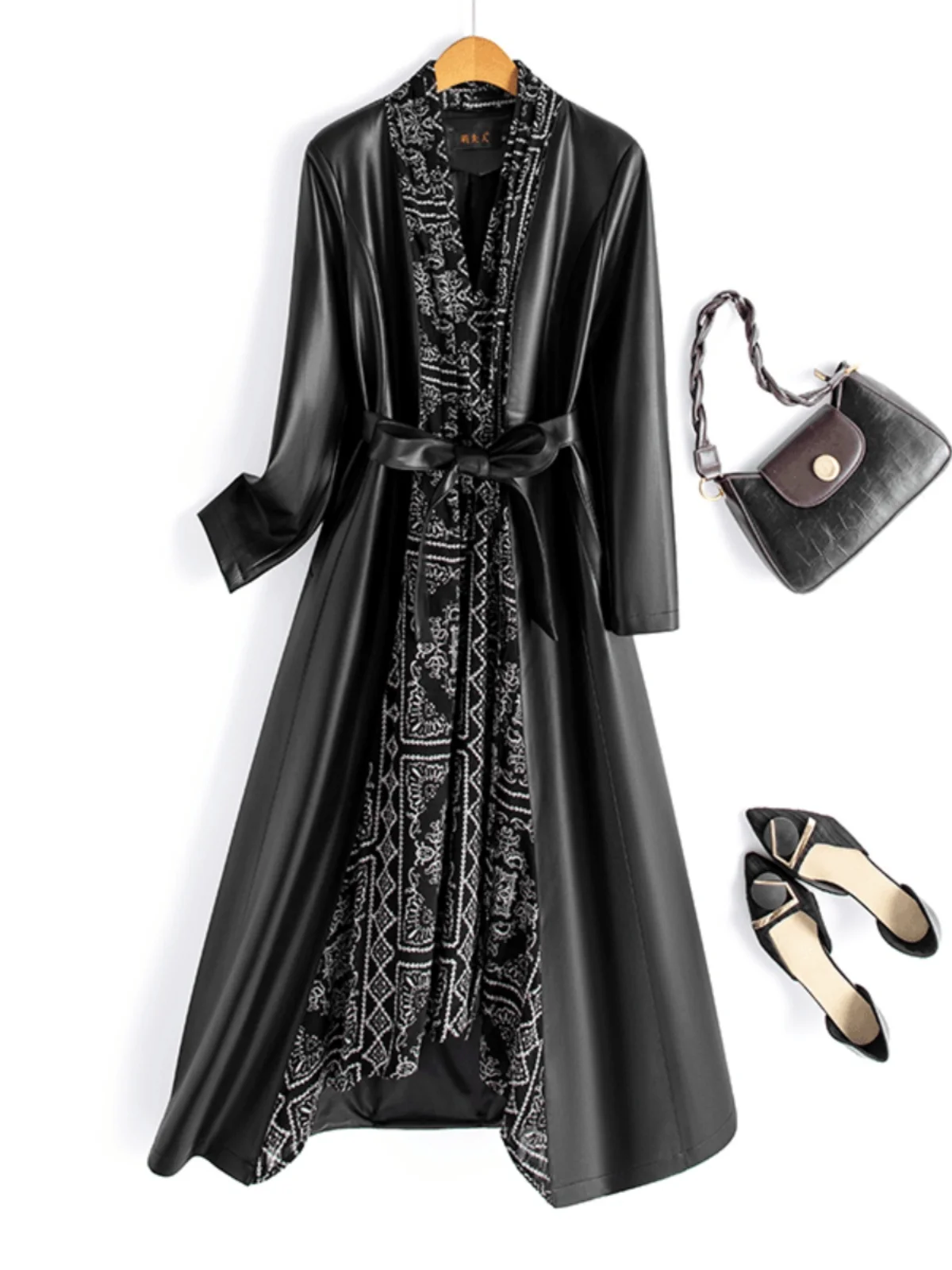 Cappotto in Pelle Haining da Donna Primavera Autunno 2025, Lungo, con Cintura in Vita, Snellente, Elegante per il Pendolarismo