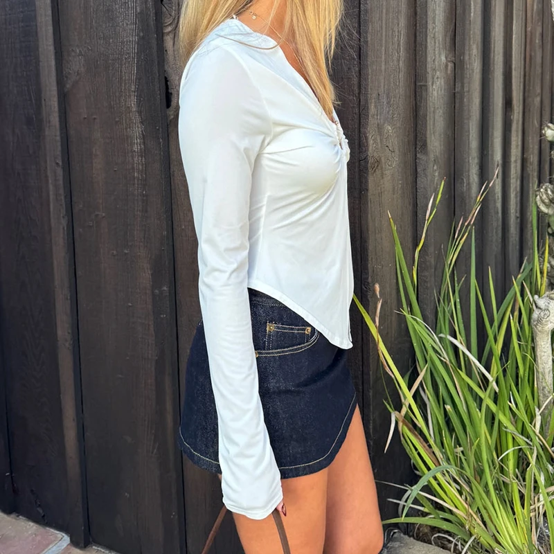 Women Deep V Ring Cutout Ruched T-shirt Long Sleeve Split Front Irregular Hem Slim Crop Tops Elegant Lady Summer Layering Blouse