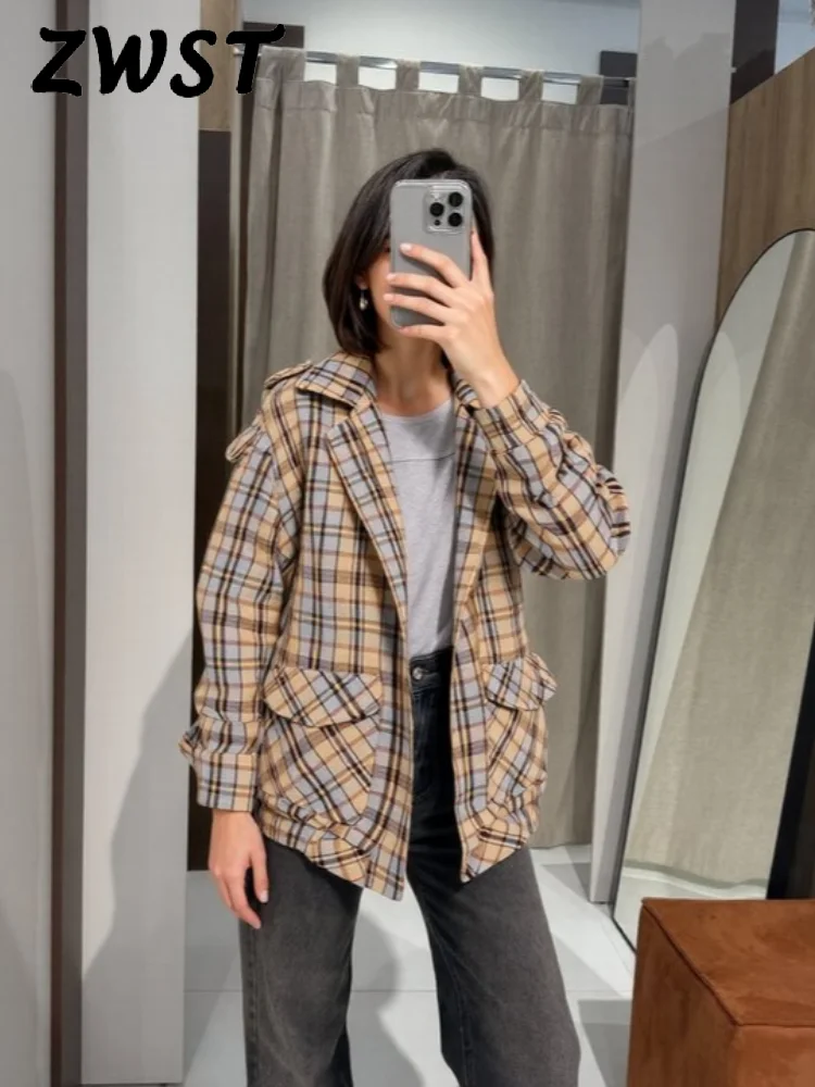 

Vintage Plaid Hooded Coat Women Full Sleeve Loose Zippers Pocket Lady Jackets 2025 Autumn Winter Chic Female Street Outerwear