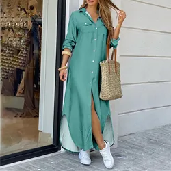 Cardigan Dress Casual Irregular Women Maxi Dress Summer Solid V-Neck Long Sleeve Ladies Dress Button Holiday Vintage Streetwear