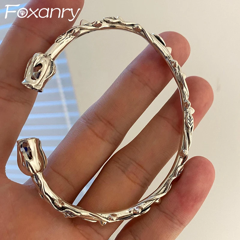 FOXANRY Vintage Punk Silver Color Rose Brcacelet for Women Couples Spring New Trendy Elegant Wedding Party Jewelry Gifts