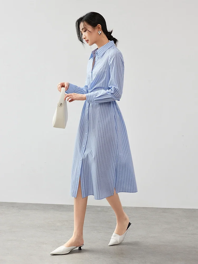 SENTUBILA Striped Cotton Shirt Dress for Women 2024 Autumn Fashion Straight Tie Belt Office Lady Work Business Dress 143L56608