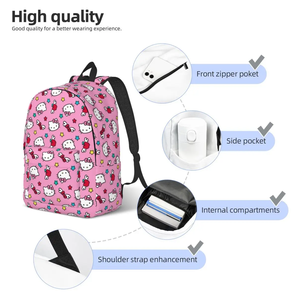 Rosa Hello Kitty Cartoon-Rucksack für Vorschule, Kindergarten, Schule, Studenten, Büchertaschen, Jungen, Mädchen, Kinder, Tagesrucksack, Wandern